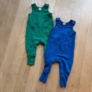 Hanna Andersson Lot Of 2 French Terry Overalls Romper US 3T Pockets Blue Green